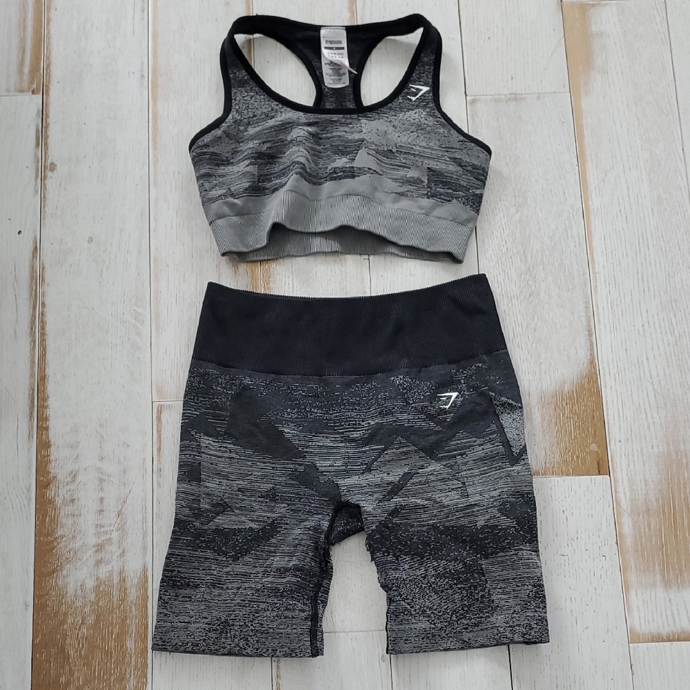 Gymshark Black and Gray Sports Bra and Bike Short Set